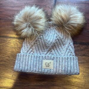 C.C. Baby Knit Pom Pom Beanie with fur heathered grayish color hat